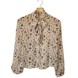 Subi Sheer Cream Printed Blouse Bow Feminine Coquette Pretty Romantic Girly Cute